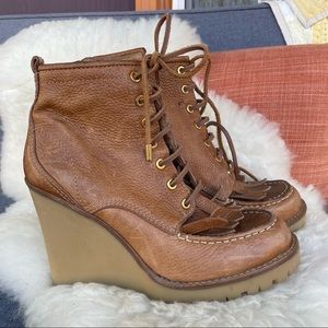 Tory Burch Howard wedge fringed heel bootie 10.5 brown pebbled leather lace up